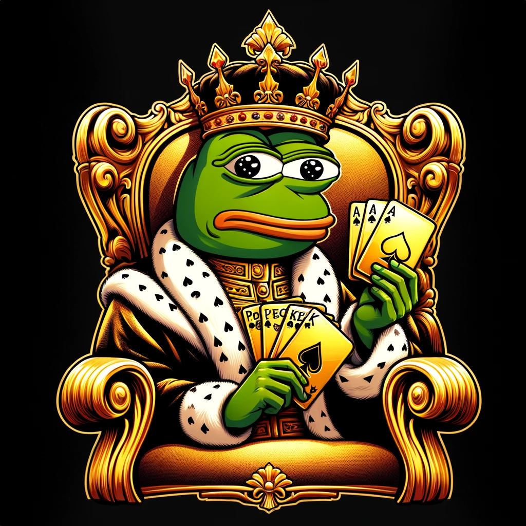 DALL·E 2023-12-21 22.40.15 - An image of Pepe as a king, depicting the character holding golden poker cards and sitting on a king's chair. T