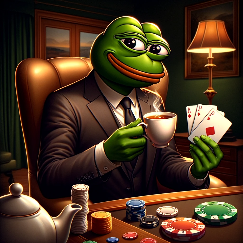 DALL·E 2023-12-24 12.33.12 - An image of Pepe sitting on a chair, in one hand holding poker cards, and in the other hand offering a cup of t